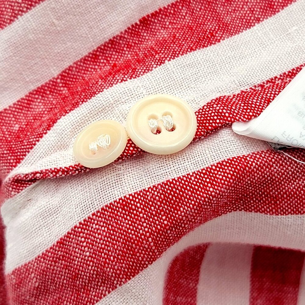 J Crew Linen Red & White Striped Button-Up Long Sleeve Shirt With Chest Pockets - Picture 10 of 11